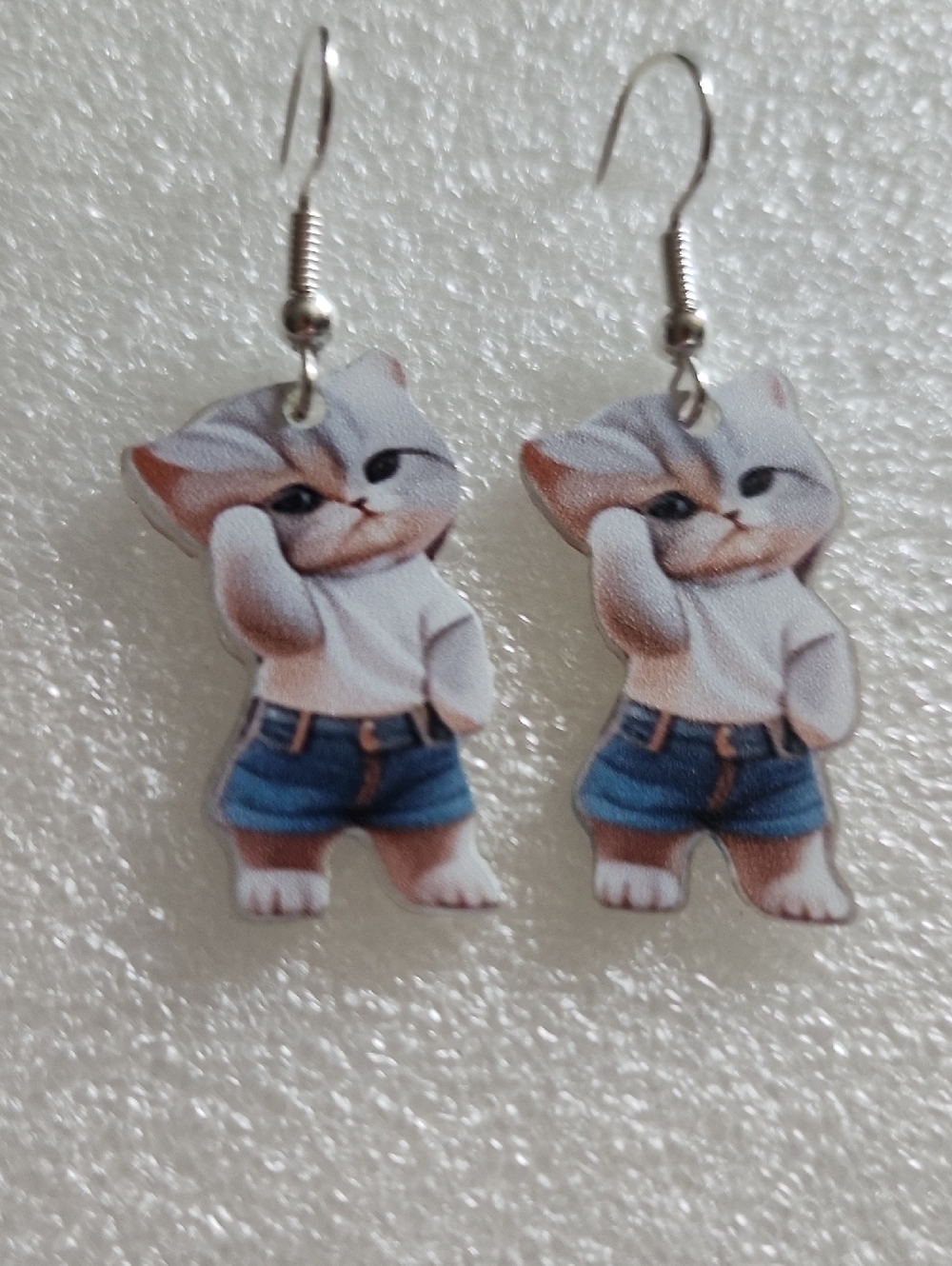 Hand Crafted White and Blue Cute Cat Dangle Earrings